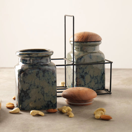Calden Drip Glaze Jar Set with Stand – Set of 2